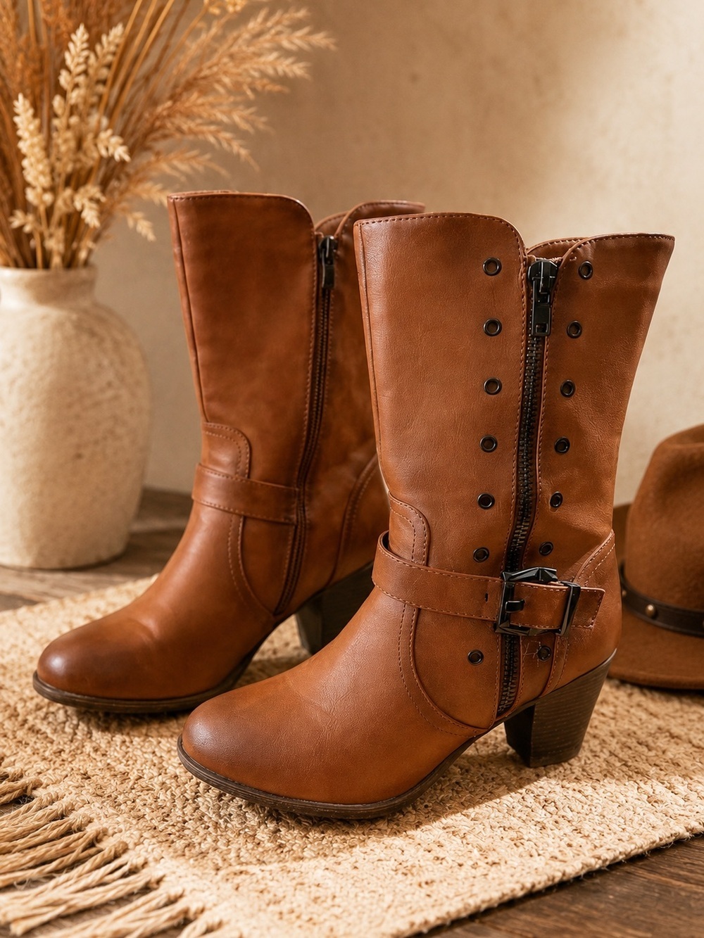 Italina Cognac Brown Buckle Mid Calf Western Boots Distressed Heel 41 BD6508